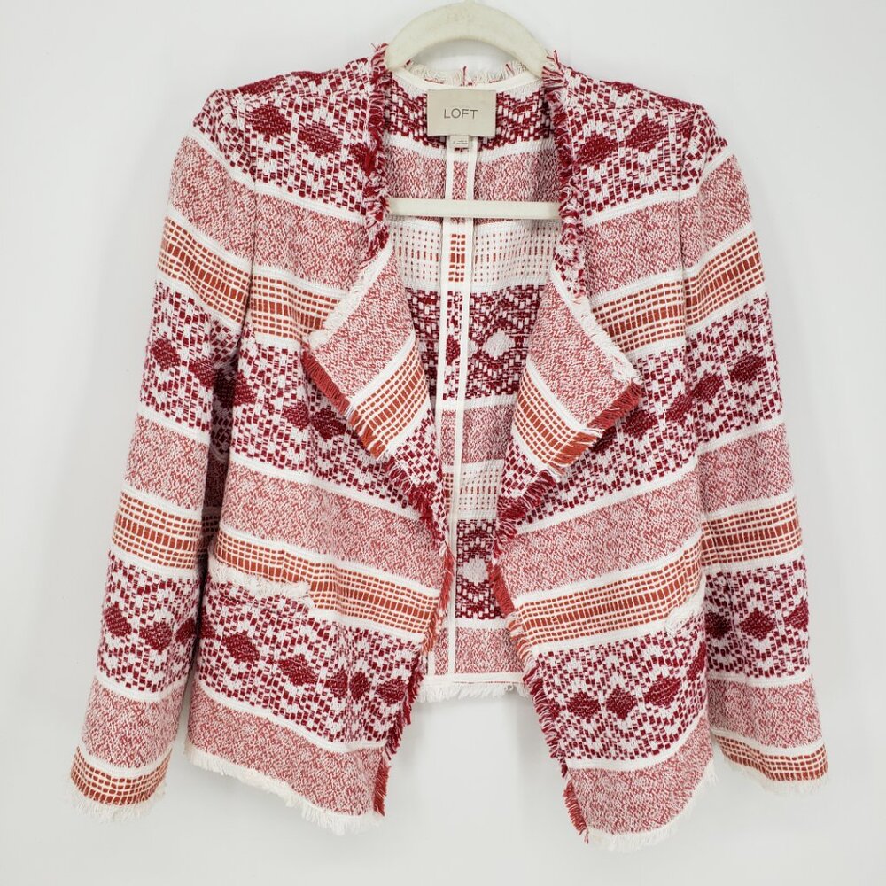 LOFT Fringe Trim Geometric Tweed Open Front Blazer Jacket 4 Red Orange